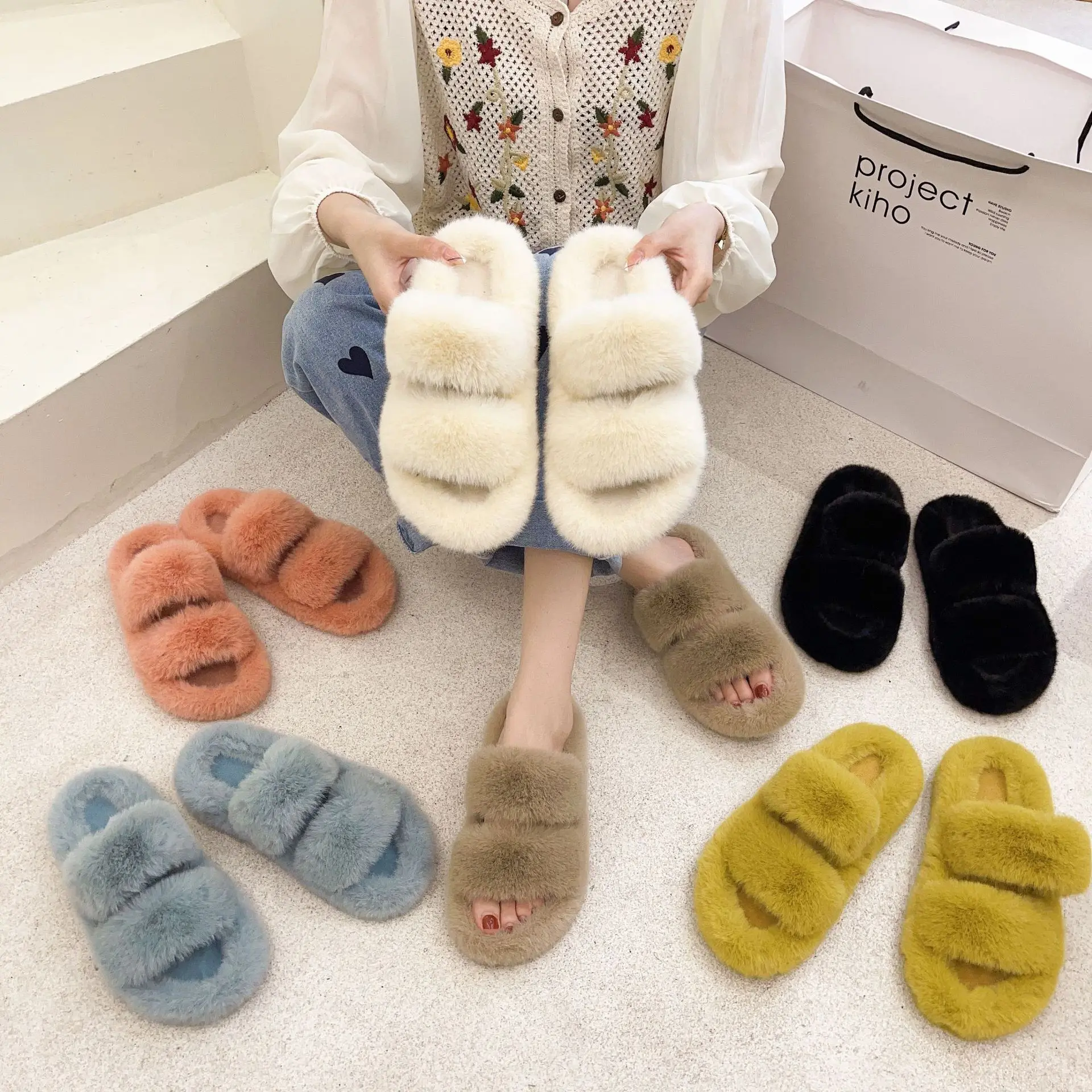 2023 Winter Keep Warm Women Fur Furry Slippers for Home Fluffy Soft Indoor Slides Thick Flats Heel Non Slip Indoor House Shoes