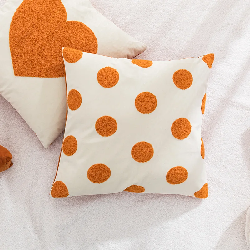 Fundas de almohada para decoración del hogar, funda de cojín bordada, toalla de tela de felpa moderna nórdica naranja, modelo de punto y corazón, 45x45cm