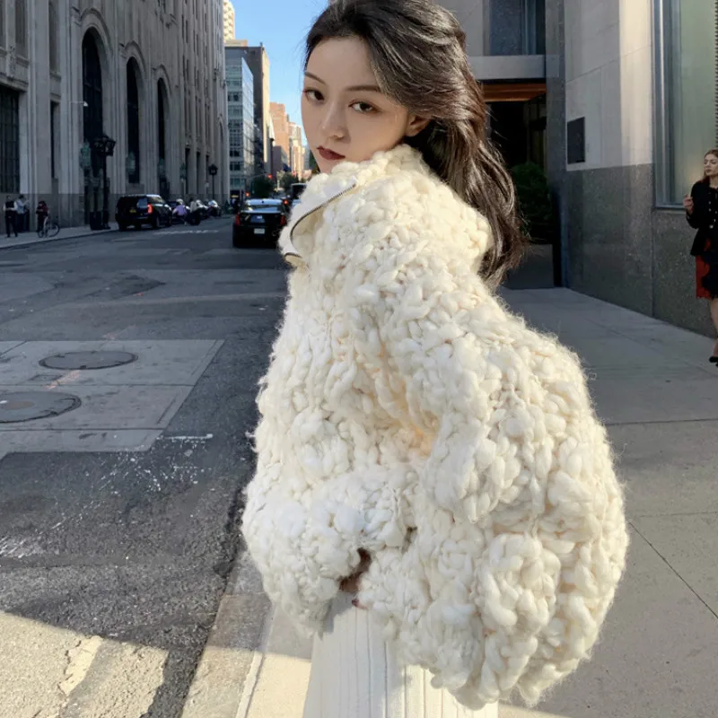 Winter Zipper Knitted Cardigan Yarn Balls Crocheted Sweater Coat Wool Hook Flowers Stand Collar Jacket Crop Tops Sueter Mujer