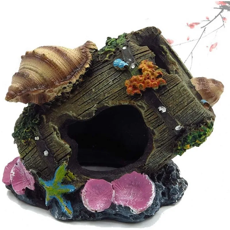1 Stück Harz-Dekoration im Form eines gebrochenen Fassens für Aquarien, Fischbecken-Ornament, Baumstamm-Höhle als Versteck für Garnelen und kleine Fische, Aquarien-Landschaftsdeko – Detail 1