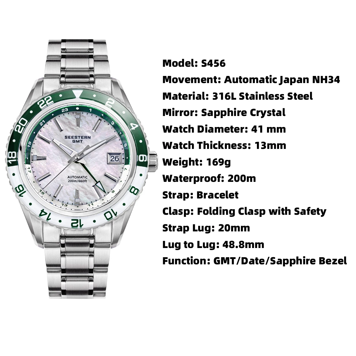 New GMT Automatic Mechanical Men Waterproof WristWatches Diving Japan NH34 Movement Sapphire Crystal Luminous Glass Bezel S456