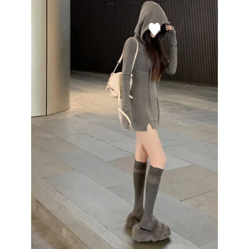 Sexy cinza manga longa com capuz vestido feminino outono inverno tamanho pequeno close fit camada base apertado envoltório em torno da saia curta