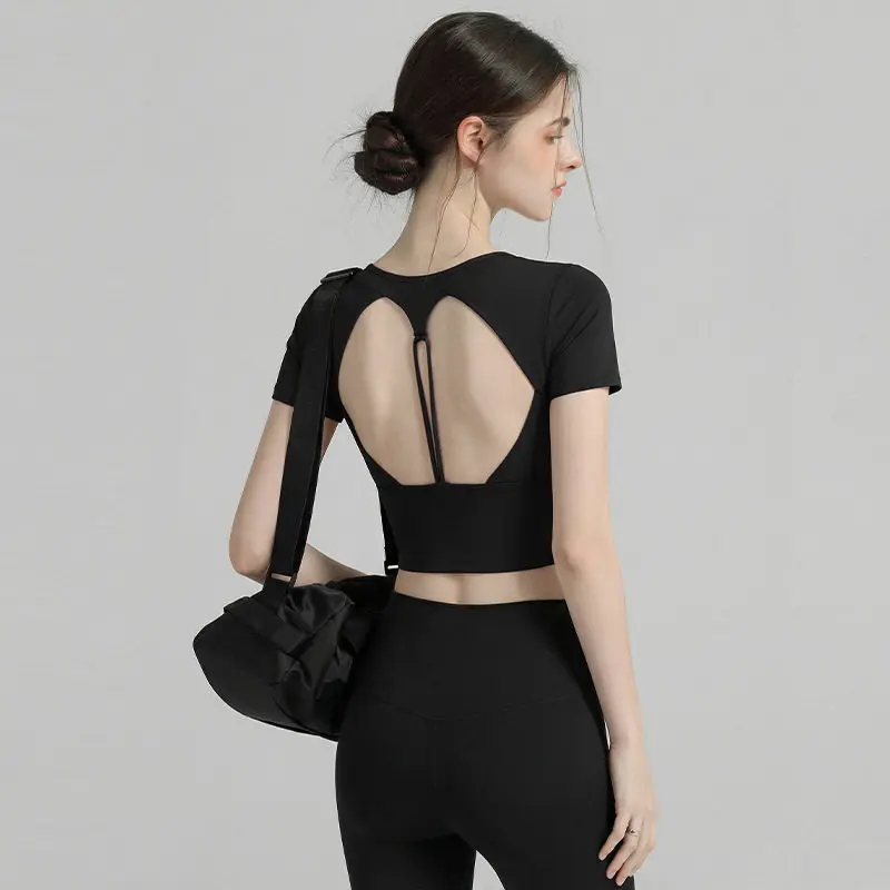 Damen Pilates-Trainings-Fitness-Brustpolster Yoga-Top Schnelltrocknend Atmungsaktiv Sport Kurzarm Hochwertiges Yoga-Shirt – Detail 6