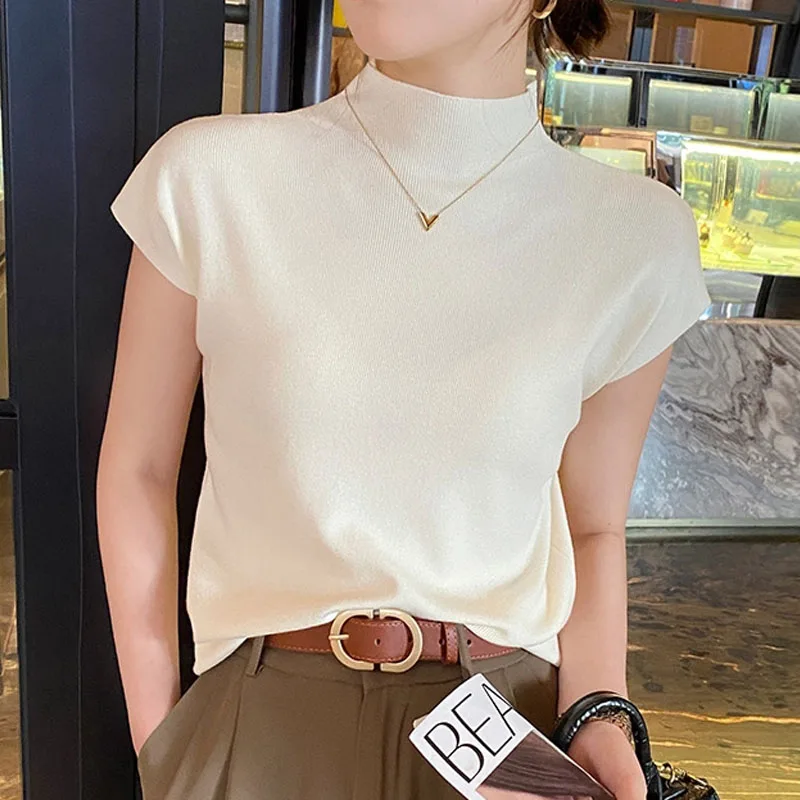 

Вязаный свитер, женские пуловеры, новый белый вязаный свитер с коротким рукавом и воротником-стойкой, пуловер, женские топы, свитера, женская одежда Q1290