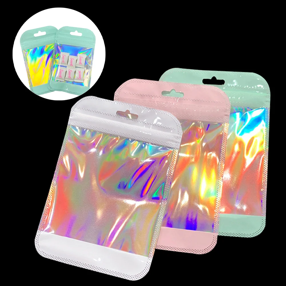 50pcs Colorful Holographic Bags Smell Proof Foil Pouch for Jewelry Food Storage Small Business Organizer Packaging Supplies