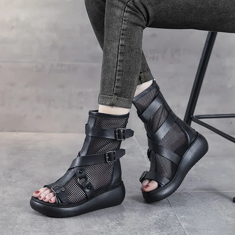 DRKANOL Fashion Women Wedges Sandals Summer Air Mesh Cool Boots Ladies Genuine Leather Open Toe Platform Gladiator Sandals Black