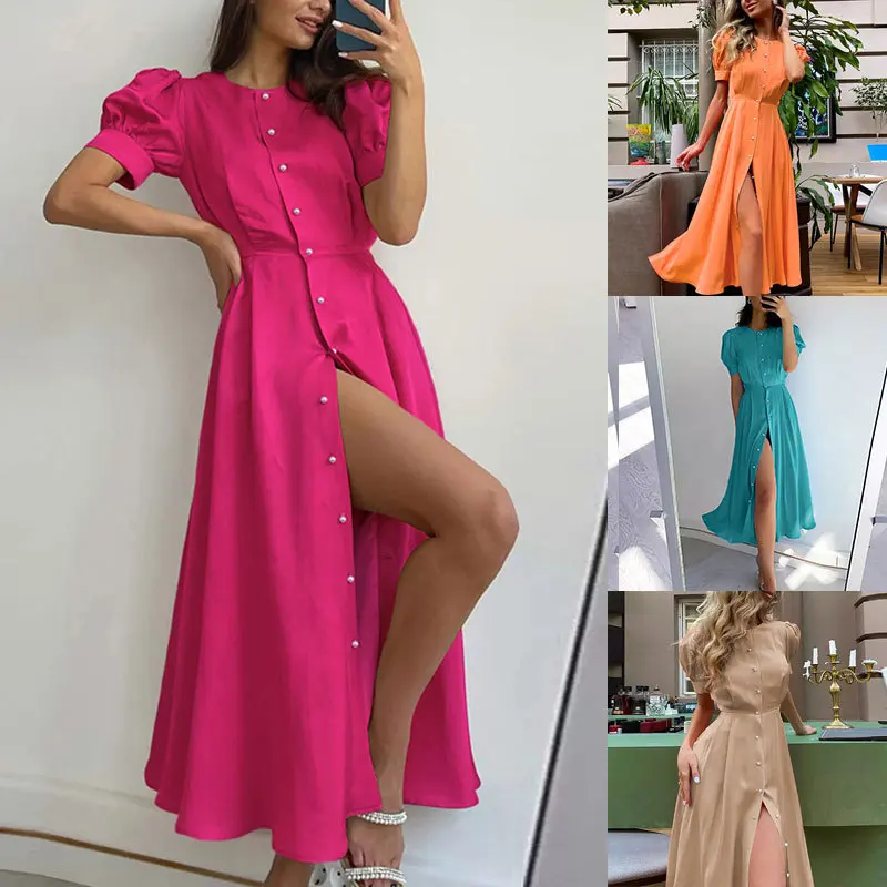 Elegant Solid Commuting Dress Spring Summer New Women Long Dress Fashion O-neck Button Lantern Sleeve A-line High Waist Dresses