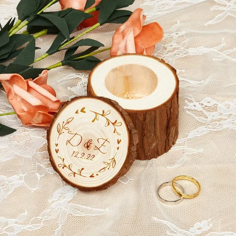 パーソナライズされた木製の結婚指輪ボックス,ダブルリング用の婚約指輪ホルダー,素朴な装飾ボックス,無料,1個