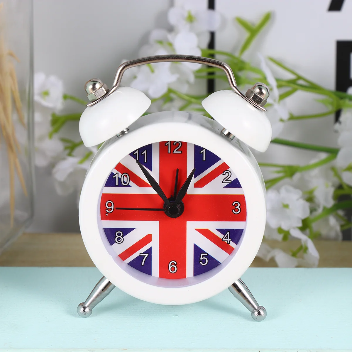 1pc Union Flag Pattern Clock Desktop Alarm Clock Bedside Wake-up Device Mini Time Displayer for Home Dorm White