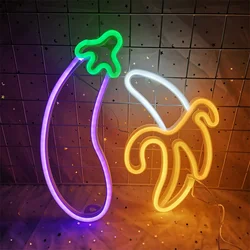 Letrero de luces de neón LED con USB/batería, decoración de arte de pared, barra de juegos, decoración de dormitorio, letrero de neón colgante, lámpara de noche de berenjena para fiesta