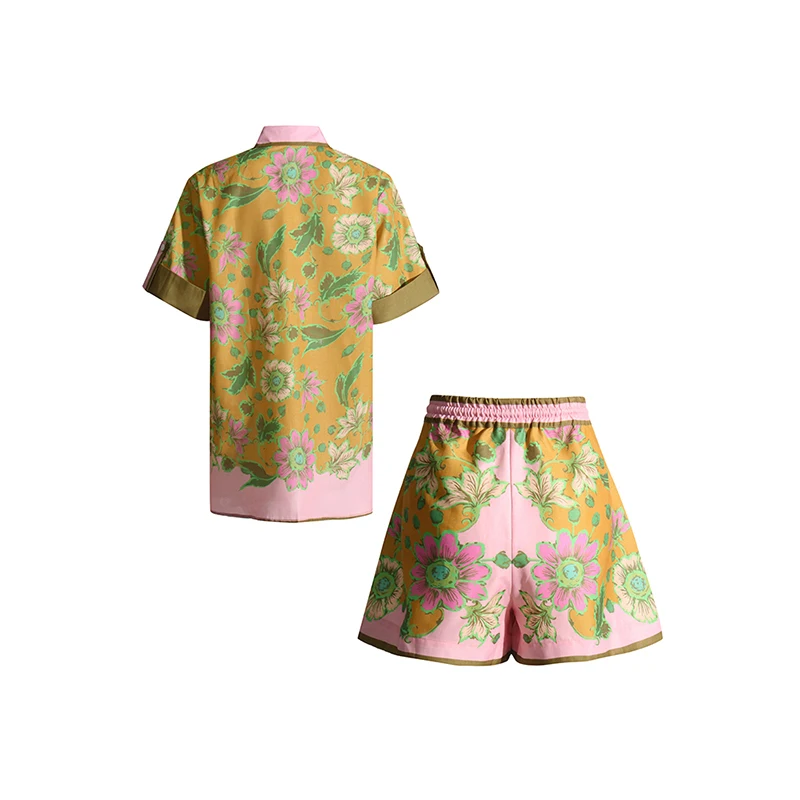 ONEINALL Floral Print Two Piece Set For Women Lapel Short Sleeve Shirt High Waist Patchwork Drawstring Short Vintage Sets Female