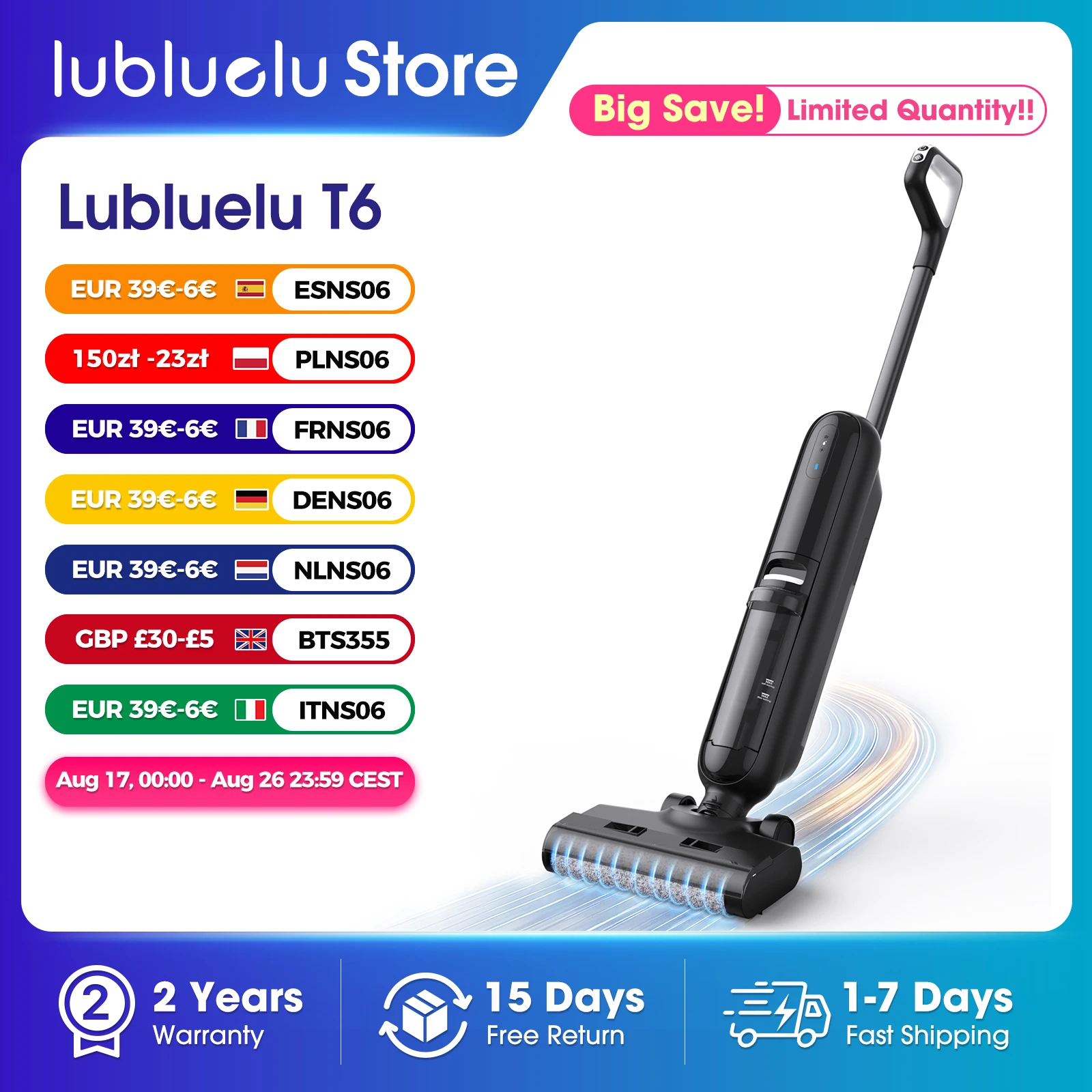 Lubluelu Aspirateur Balai Sans Fil Humide/Sec, Nettoyage des Bords, Aspiration Automatique 16KPa, Laveur de Sols Auto-Nettoyant, Appareil Domestique Intelligent