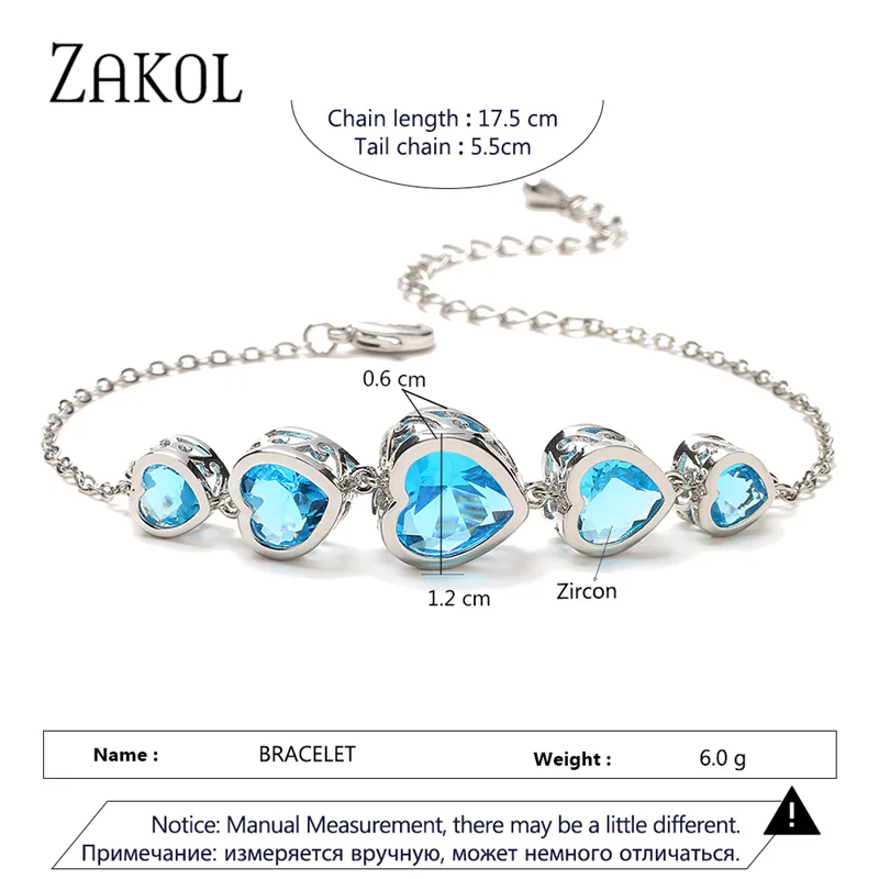 ZAKOL Romantic Pink Love Heart Zircon Bracelets for Women Fashion Geometry Crystal Light Blue Wedding Party Jewelry 2023 New