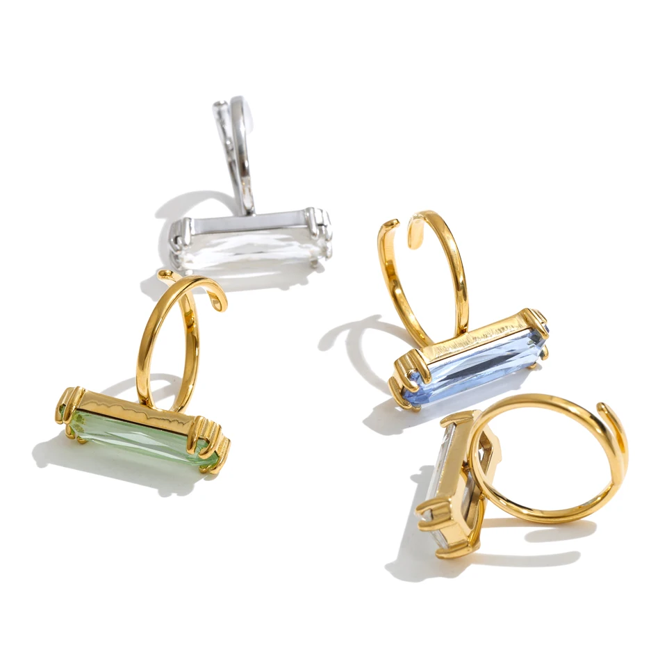Yhpup Neuer Weiß-Grün-Blauer Rechteckiger Zirkonia Verstellbarer Ring, Eleganter Beliebter Zarter Goldfarbener Fingerschmuck – Detail 3