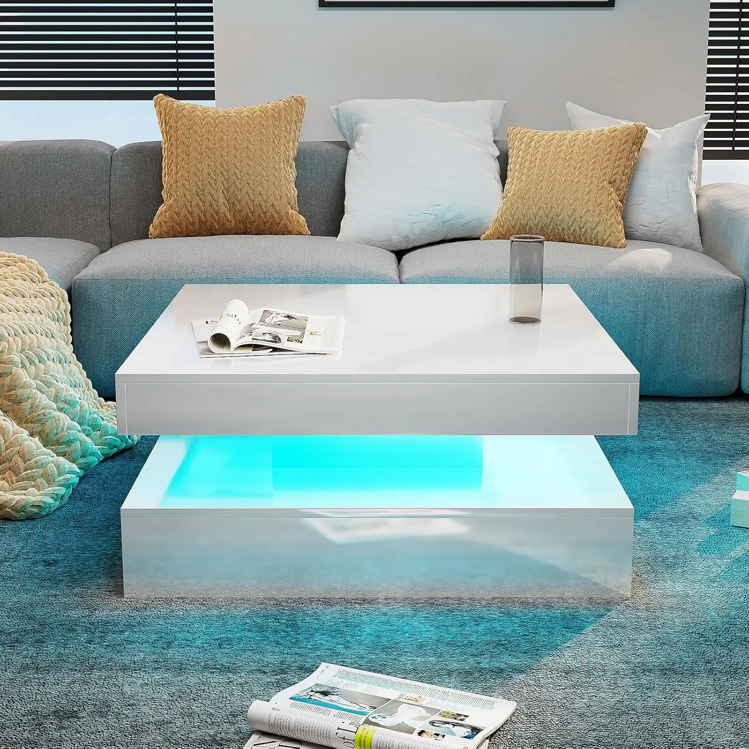 

White LED Coffee Table for Living Room, Wood Square 2-Tier Storage Modern Center Table, Glossy Contemporary Coffee Table