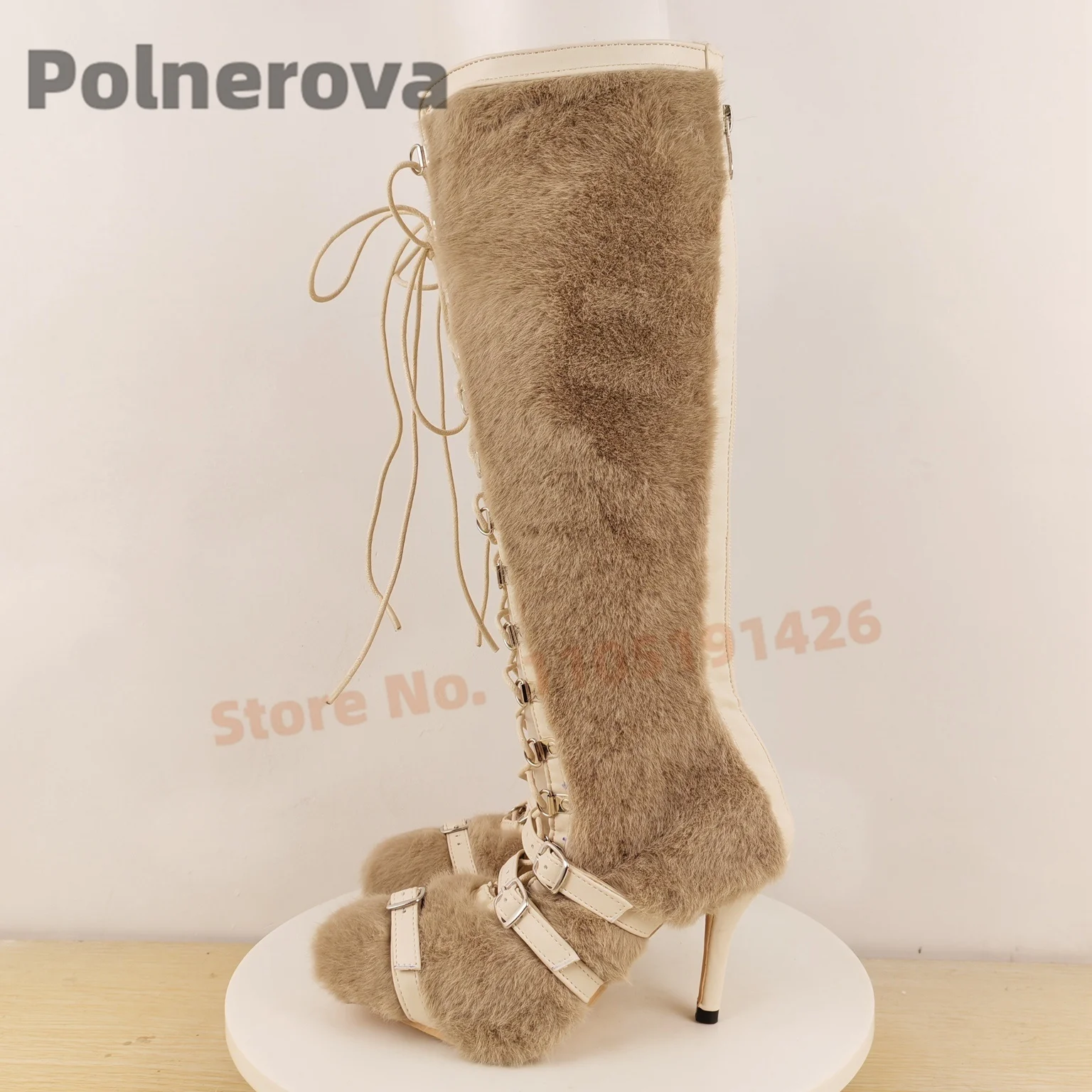 Kniehoge Voorkant Kruis Gebonden Bont Laarzen Vrouwen Uitsparing Holle Gesp Harige Herfst Winter Mode Hoge Hak Catwalk Party Schoenen