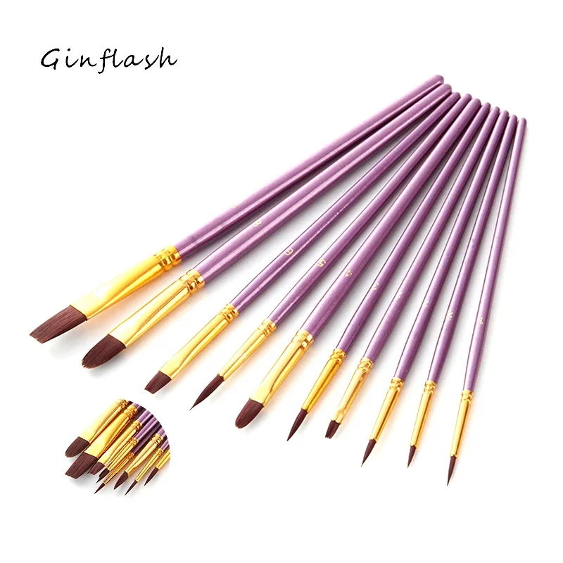 Ginflash 6/10pcs set Watercolor Gouache Painting Pen Nylon Hair Paint Brush Set Drawing Art Supplies