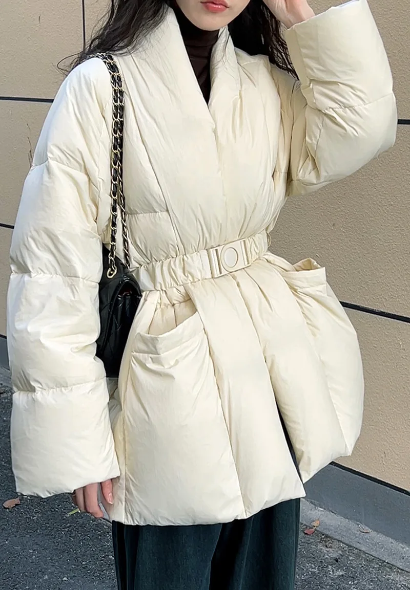 Chic Designer V-neck Belt Slim Wasit Women Parkas Solid All-match Elegant Casual Down Coats 2024 Winter Warm Cotton Jackets