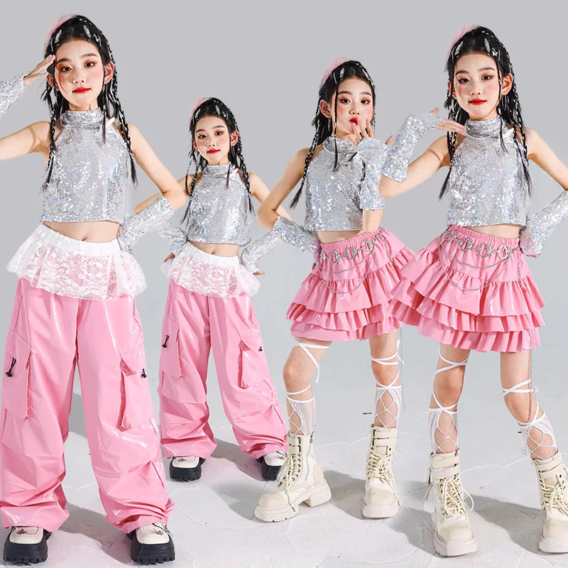 

Костюм для джазовых танцев для девочек: топ с пайетками и розовые брюки, крутая одежда для хип-хопа, сценический и уличный танцевальный наряд для детей