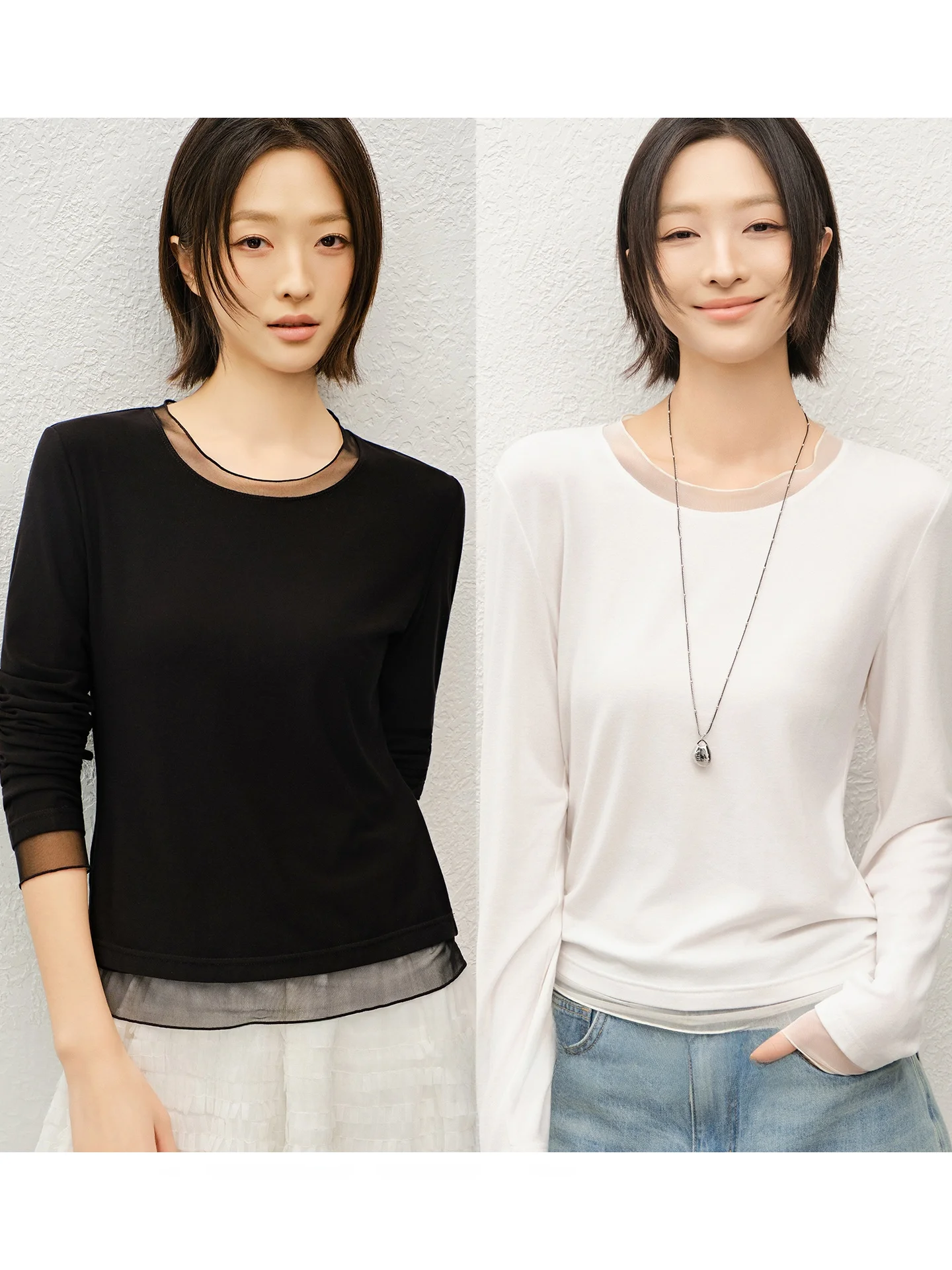 

MeiYang Base irt Spring 2026 Fairy Aosphere ort Velvet Long Sve Transparent Gauze Casual Stand Fit T-irt