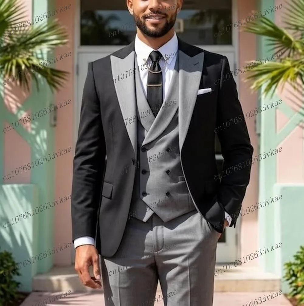 New Grey And Black Men Suit Wedding Party Formal Groom Groomsman Prom Business Male Tuxedos 3 Piece Set Jacket Vest Pants