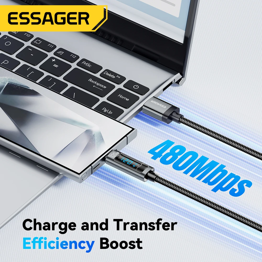 Essager 120 Вт USB-кабель типа C для быстрой зарядки USB C, шнур зарядного устройства для iPhone 15 14 13 12 Huawei со светодиодным цифровым дисплеем