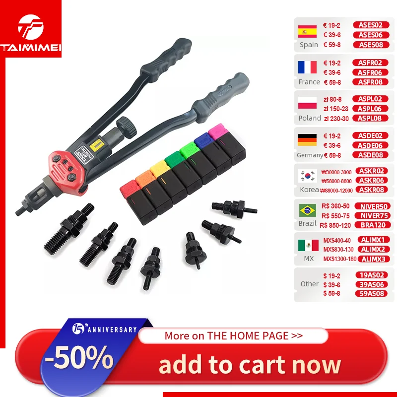 Kit pistola per rivetti Kit rivettatrice professionale per rivetti ciechi a mano da 16 pollici con 7 pezzi metrici e mandrini M3/M4/M5/M6/M8/M10/M12