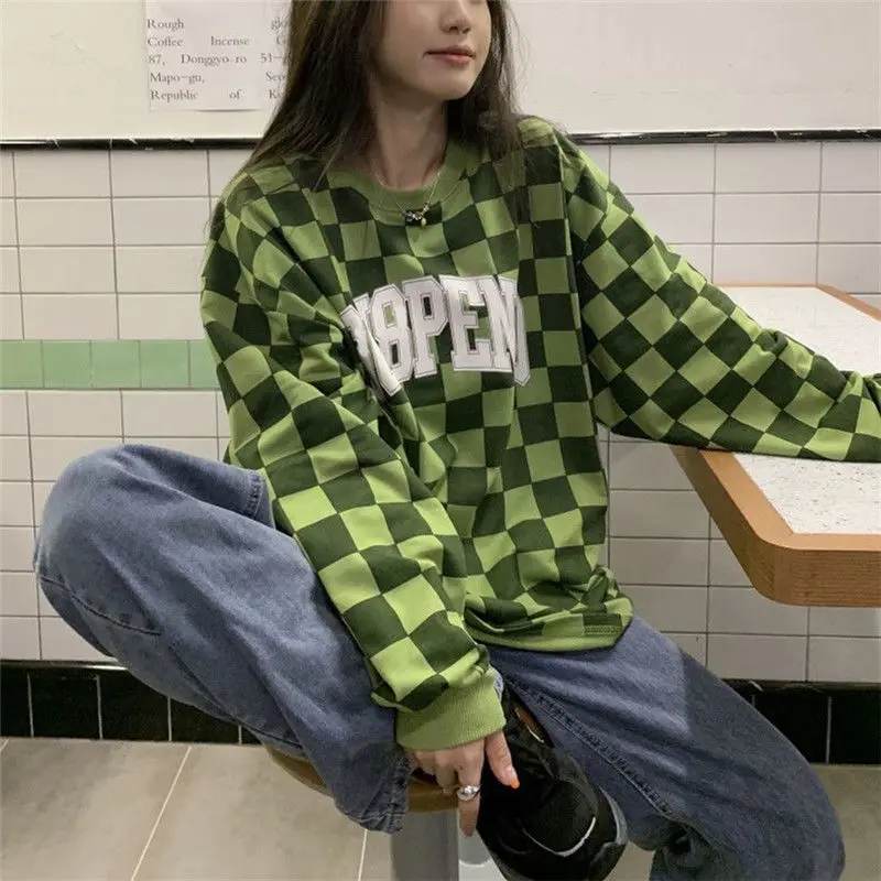 Sweatshirt High Quality Checkerboard Letter Print Hip Hop Women'S Loose Slimming Versatile Bottoming Top For Spring And Autumn