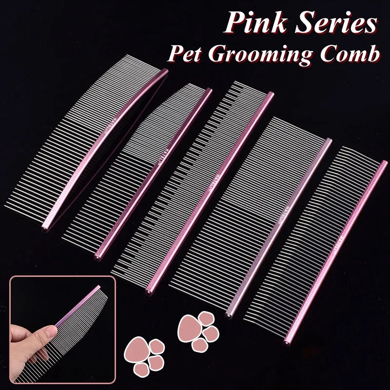 Stainless Steel Pet Comb Cat Dog Professional Grooming Pink Comb Dense Sparse Teeth Dog Cat Cleaning Brush Hair Reemoval Comb