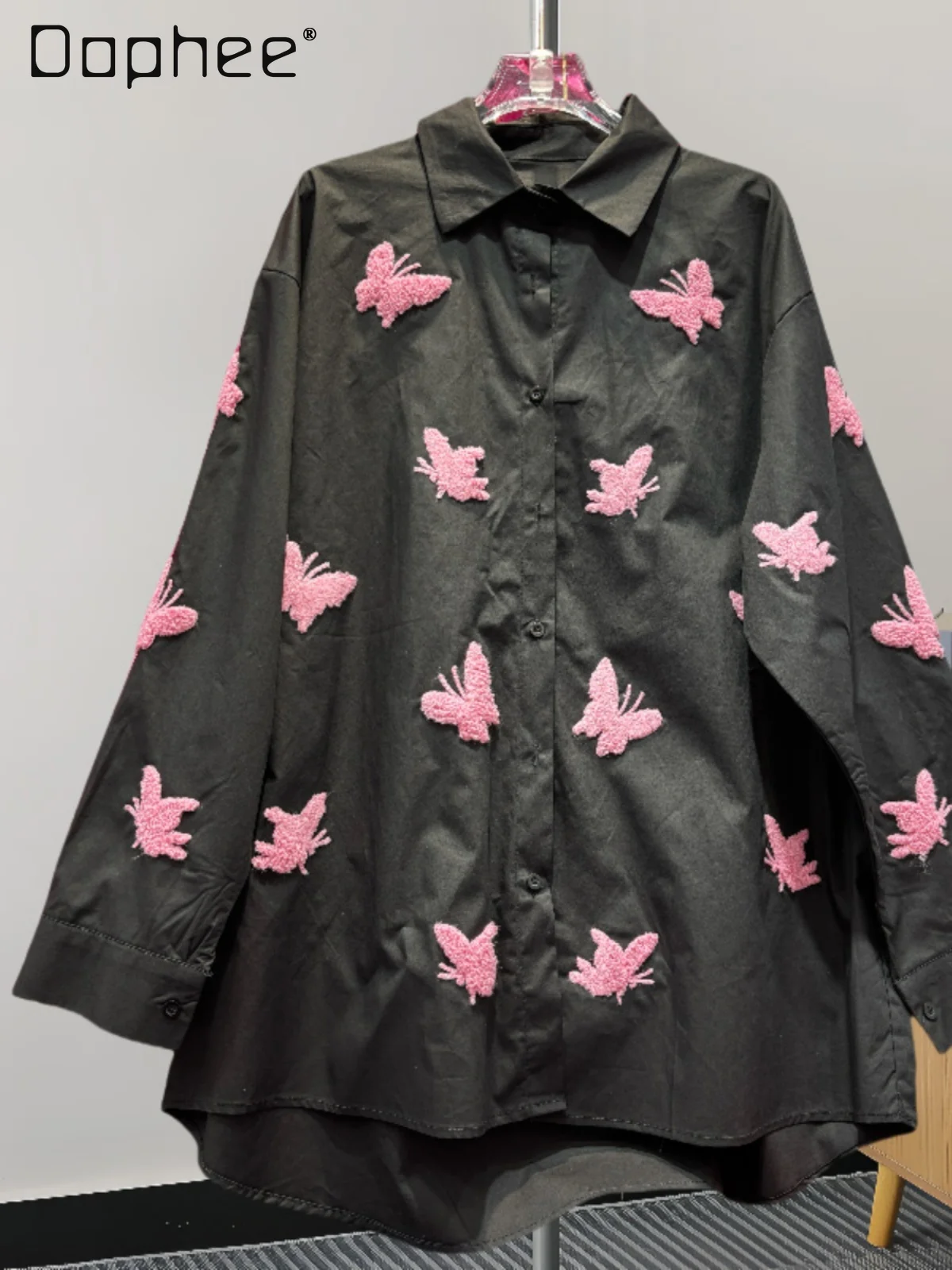 Outono nova moda casual versátil camisa de manga longa 3d borboleta bordado turn-down colarinho solto fino camisa de grandes dimensões feminina