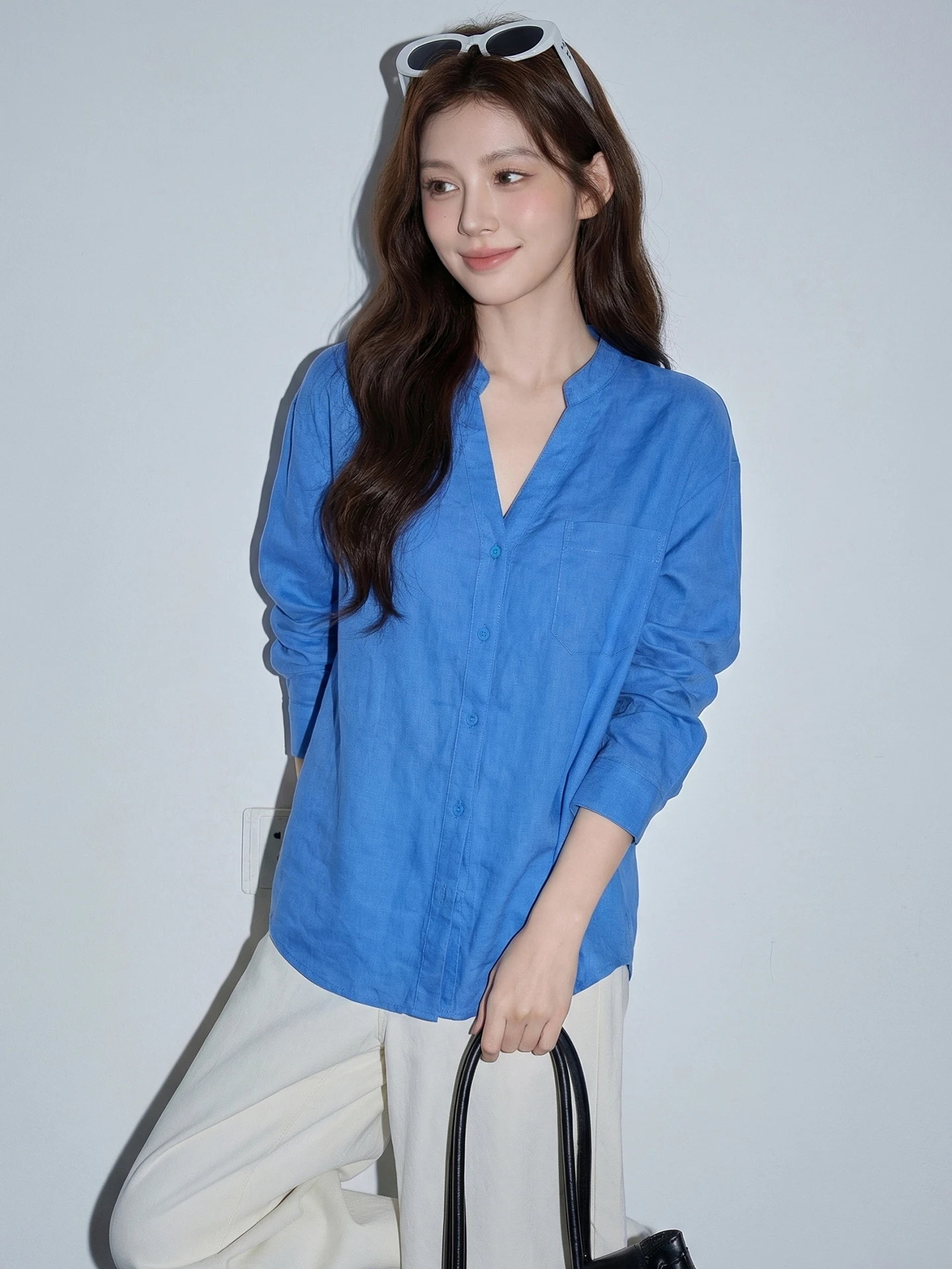 

Синяя льняная свободная женская рубашка с длинным рукавом, новая летняя модель, тонкий повседневный топ, дышащая, комфортная, с воротником-стойкой