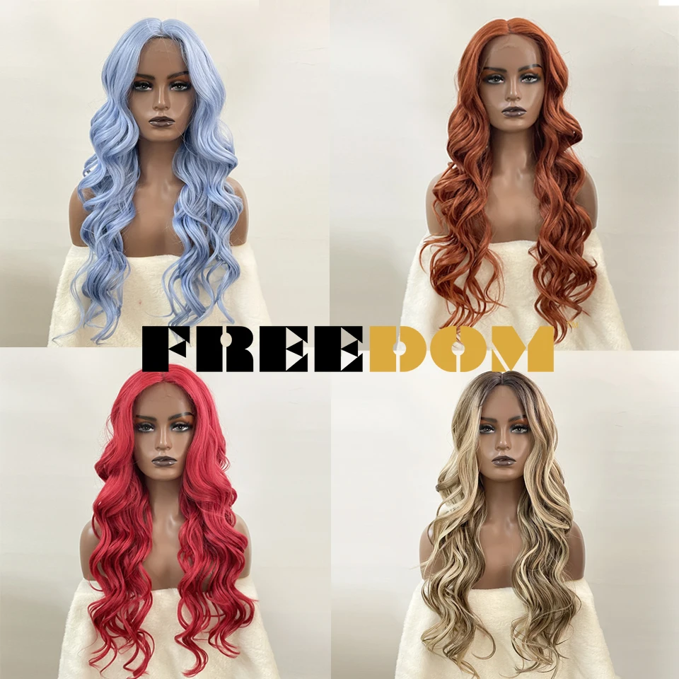 FREEDOM Synthetic Lace Wigs For Black Women Highlight Orange Ginger Blue Red T Part Lace Wig Ombre Brown Long Wavy Cosplay Wigs