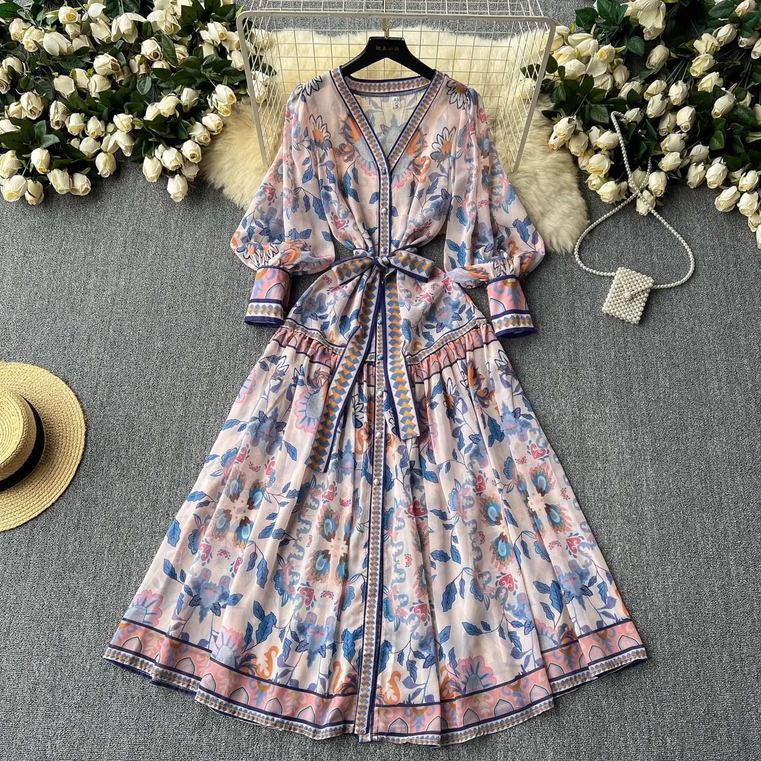 Summer Bohemian Flower Chiffon Dress Runway V-Neck Lantern Sleeve Floral Print Lace Up Belt Holiday Boho Long Robe Vestidos 2491