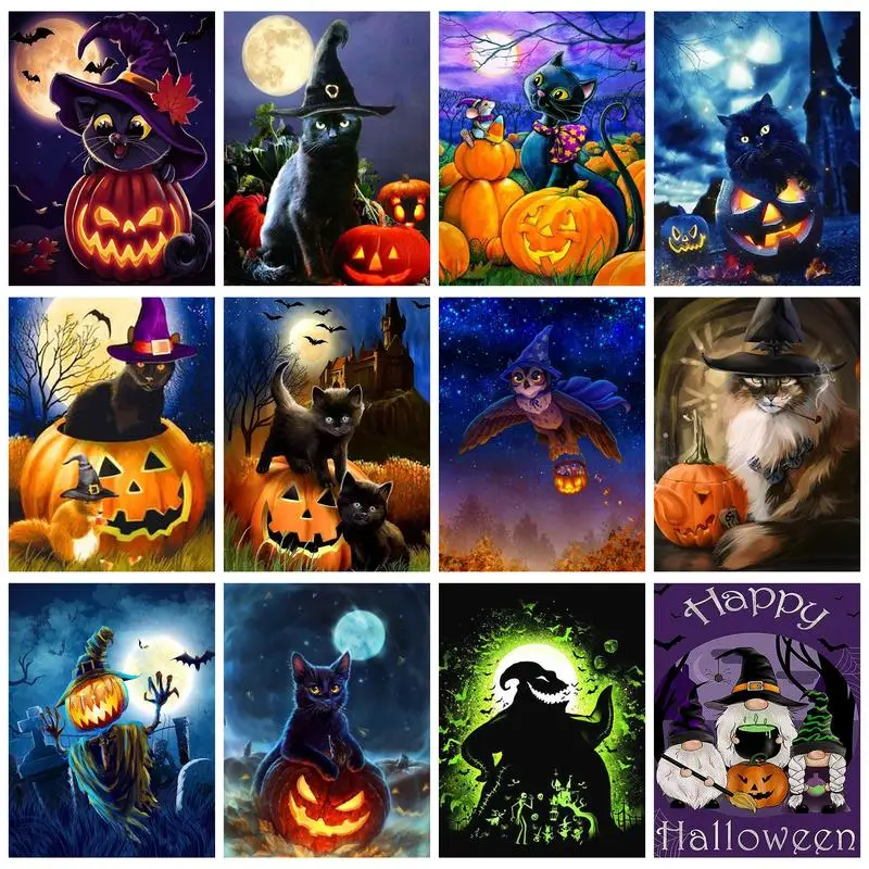 

RUOPOTY Full Round/Square Diamond Painting Halloween Cat Embroidery Pumpkin Mosaic Picture Of Rhinestones Handmade Gift