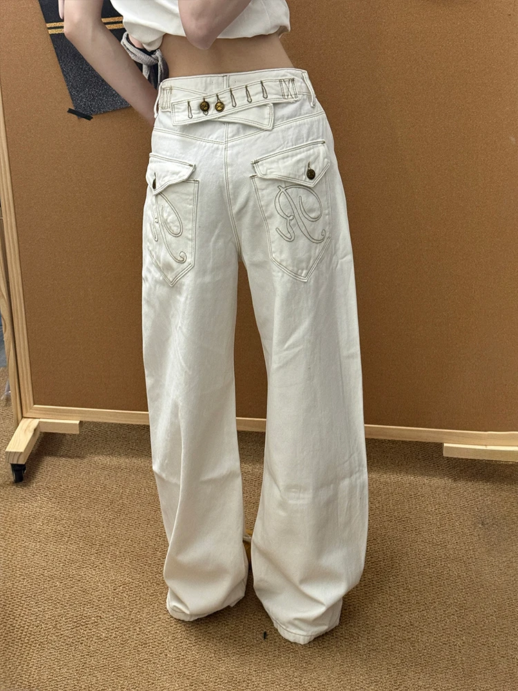 

Retro American Design White Jeans Women's Summer New Style Spicy Girl Paris Adjustable Buckle Floor-Length Pants