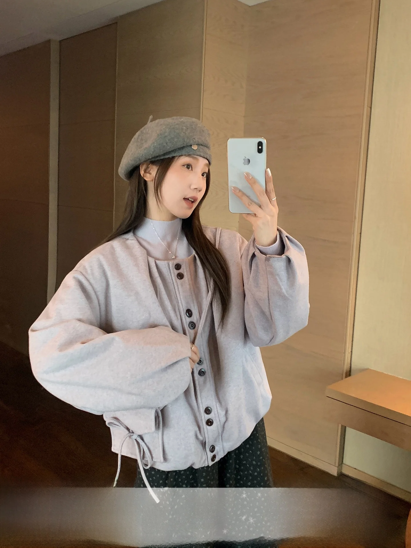 

U77 корейское шерстяное пальто свободного покроя, женское зимнее стеганое пальто на хлопковой подкладке, фиолетовое плиссированное пальто с цветочным бутоном