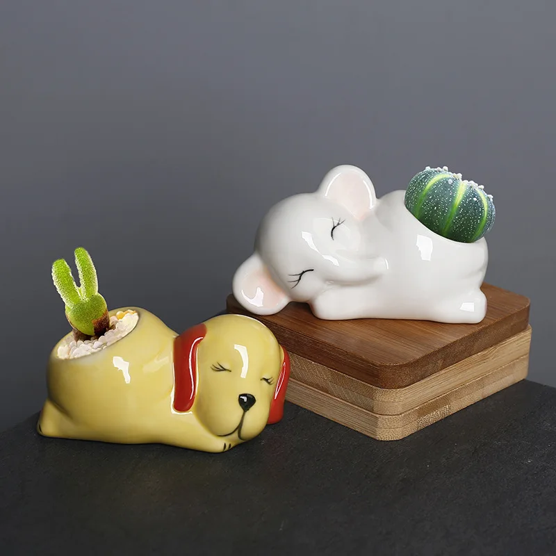 

4pcs Kawaii Puppy & Elephant Ceramic Planters Set | Succulent & Cactus Pots for Desk Decor