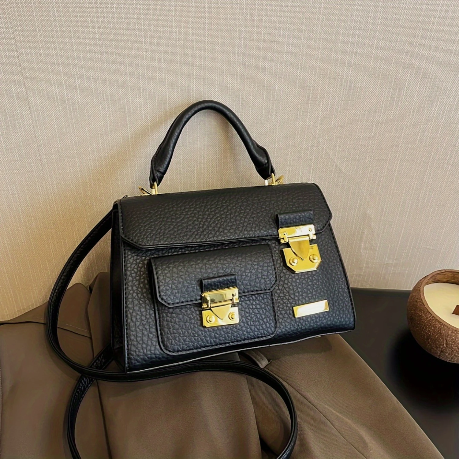 

Classic Black New Style Crossbody Bag, Elegant Shoulder Bag, Women's Top Handle Lock Purse
