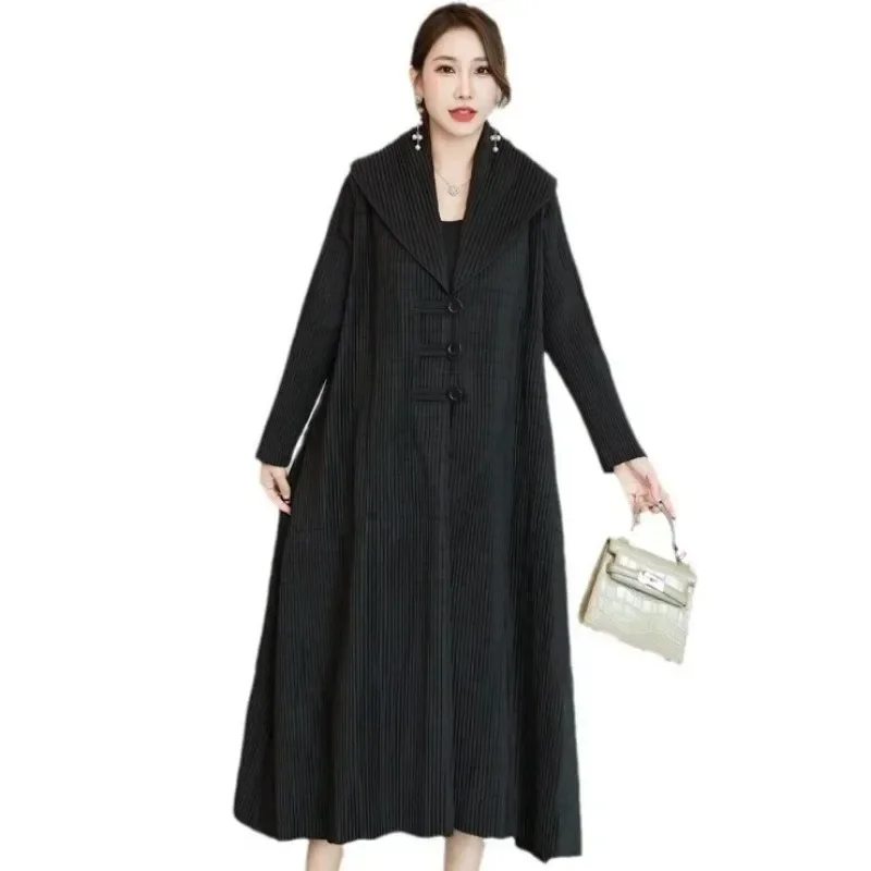 GGHK Plisowany damski długi płaszcz 2024Fall Winter New Solid Color Retro Design Lapel Long Sleeve Single Breasted Fashion Female Coat