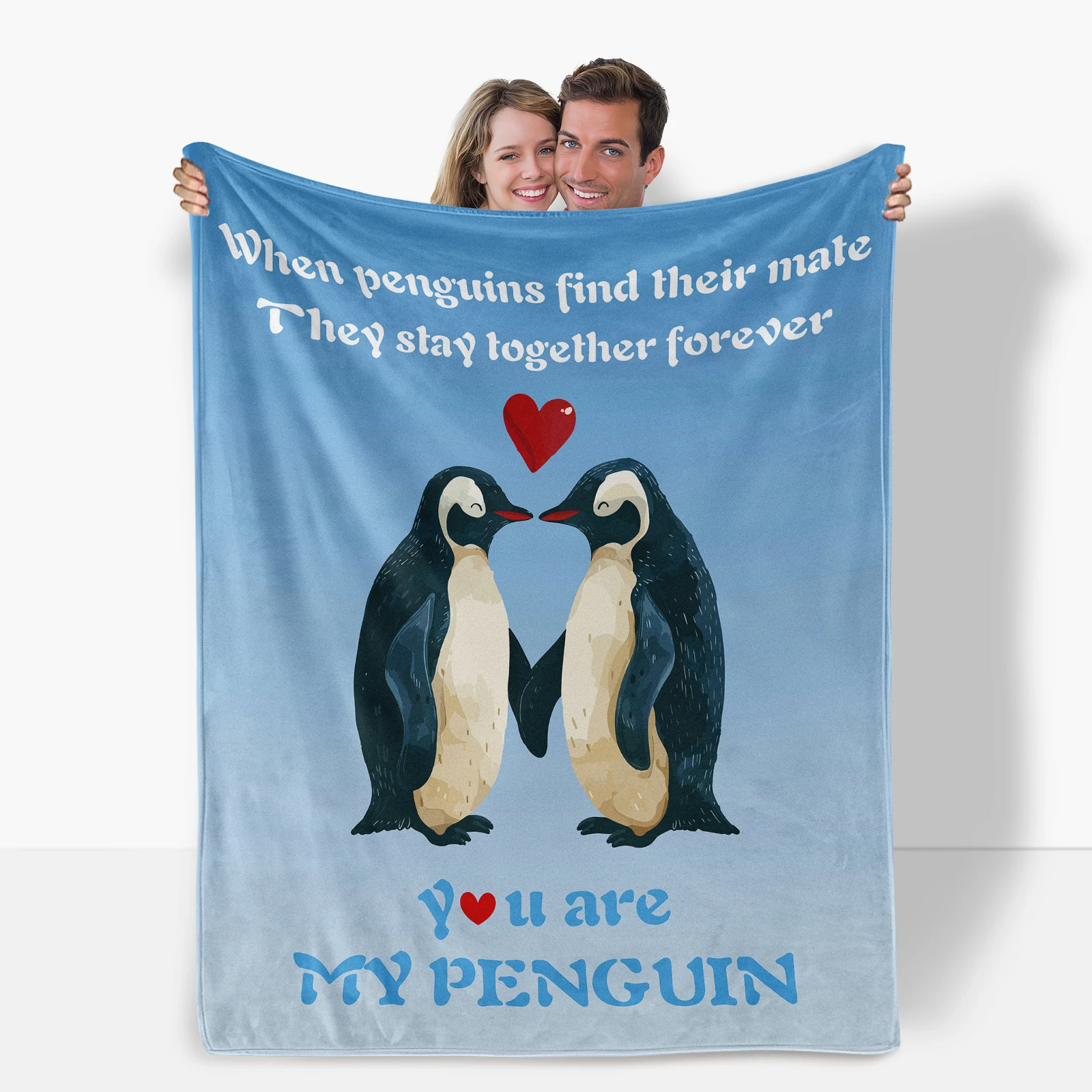 Romantic Flannel Blanket With Cute Penguins And Love Quotes Perfect For Couples To Celebrate Their Bond