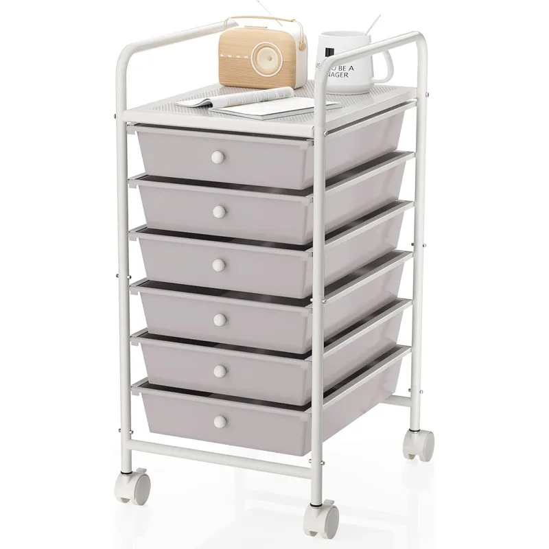 6-Tier Utility Cart with 6 Drawers, Rolling Utility Cart with 2 Lockable Caster Wheels, Multipurpose Mobile Rolling Drawer Cart