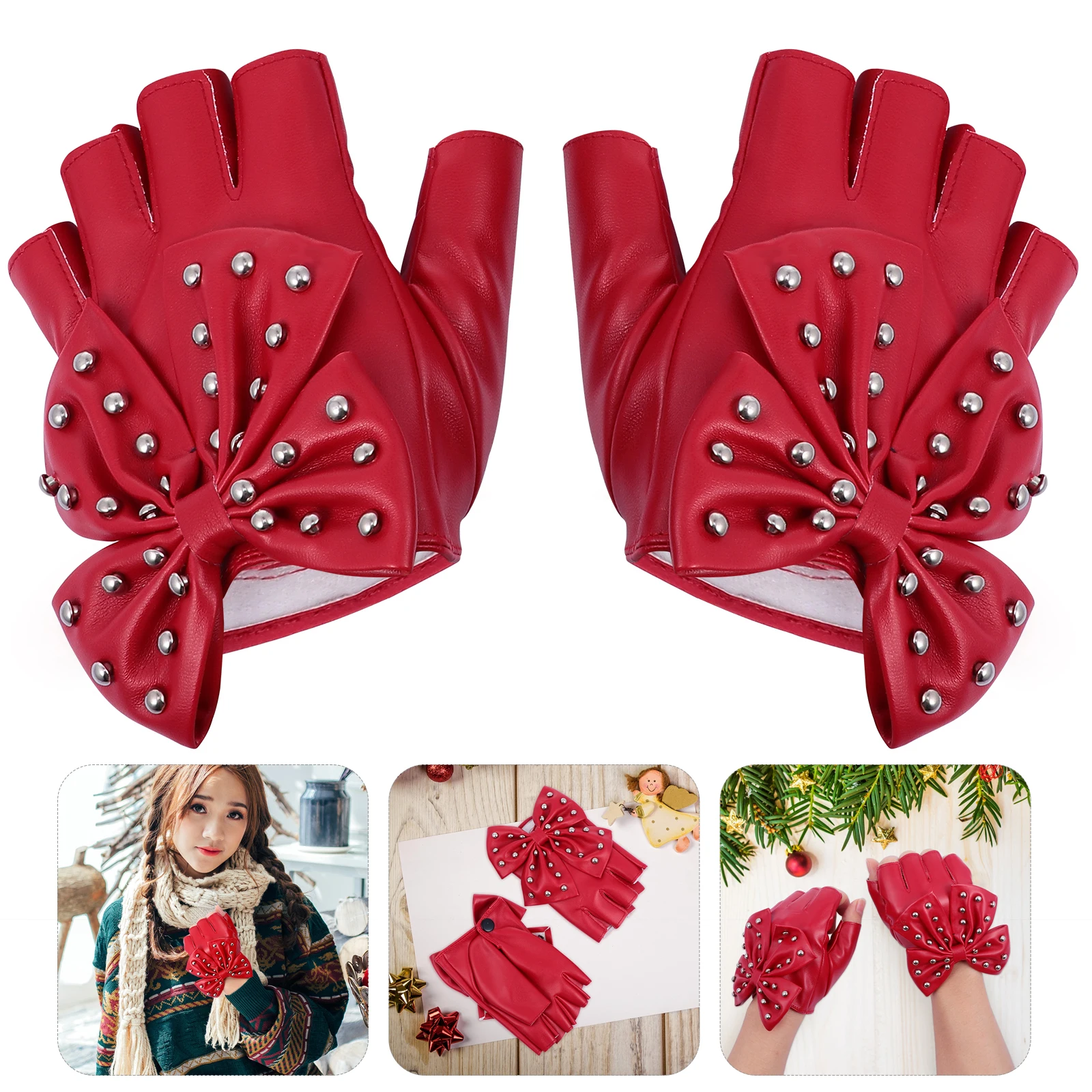 

1Pair Lady Rivet Bow-Knot Half-Finger Gloves Breathable Fashion Stage Glove Retro Christmas New Year Party Gift