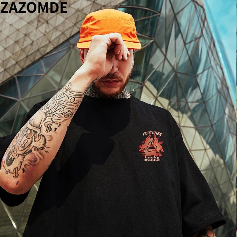 ZAZOMDE 2023ฤดูร้อน100% ผ้าฝ้ายซามูไรกระต่ายพิมพ์เสื้อยืดชายกีฬาลำลองขนาดใหญ่เสื้อยืด Hip Hop Men Daily Tshirt Tees