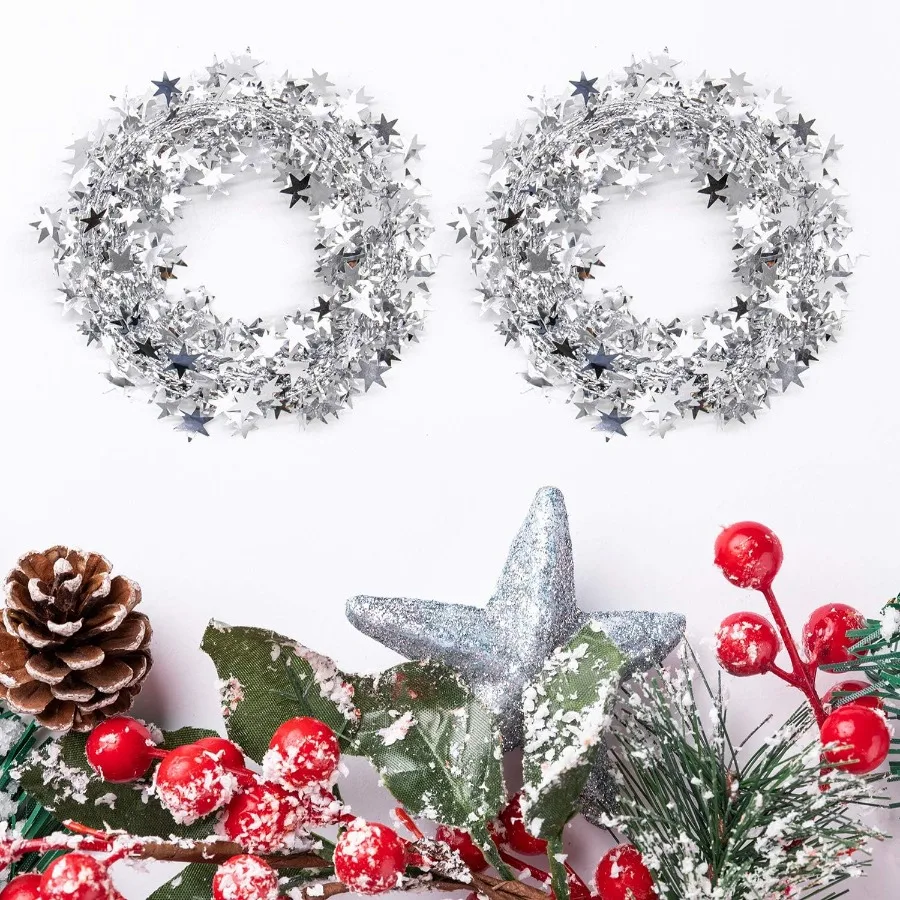 

2 рулона 50 футов серебряных блестящих звездных мишурированных гирлянд с проволокой, рождественские украшения для рождественской елки, дома, свадьбы, дня рождения, вечеринки Fe