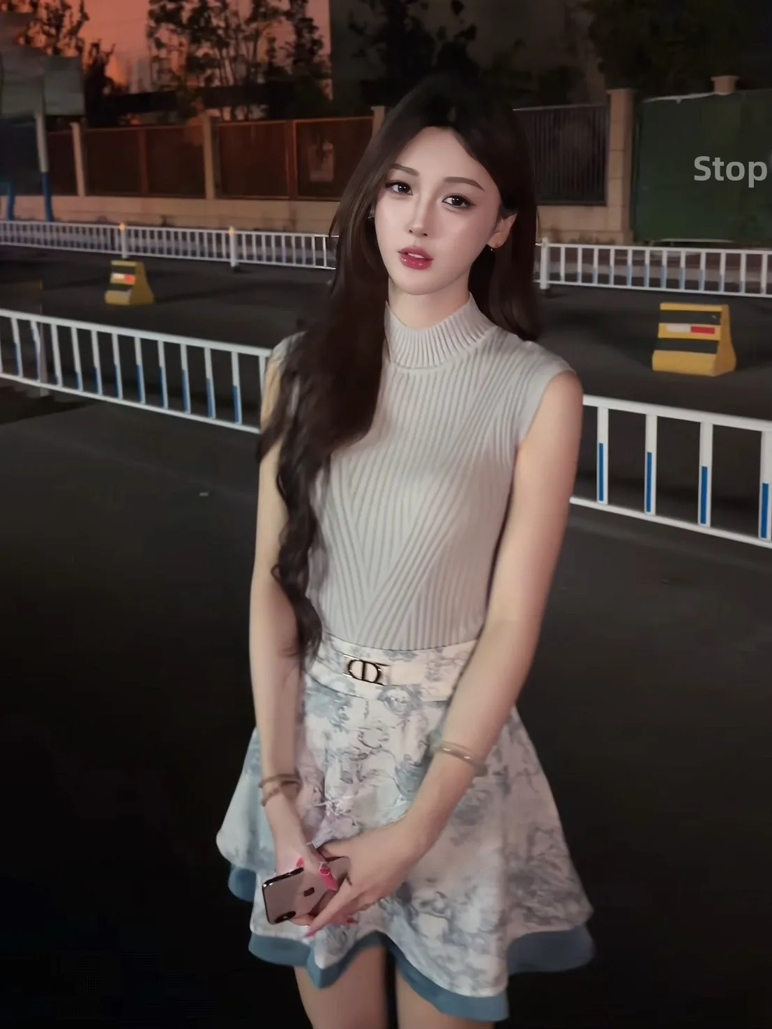 

Korean Style Half High Collar Knitted Vest And Ink Wash Skirt Set Summer High End Sensation Small Fragrance Wind Two Piece Set