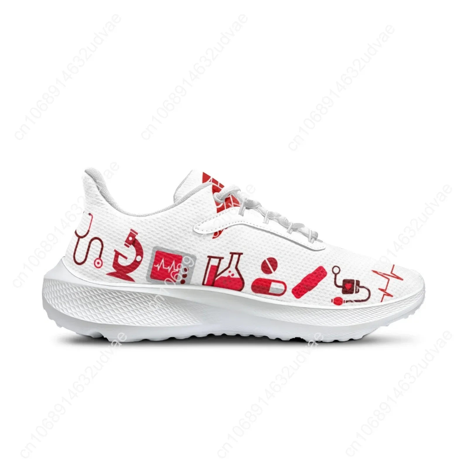 White Nursing Shoes For Women Cartoon Medical Doctor Running Shoes ECG Printed Comfortable Girls Fitness Sneakers
