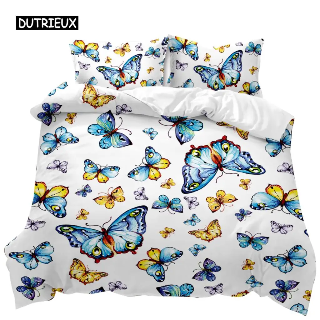 

Butterfly Duvet Cover Girls Women Spring Blue Golden Butterfly Bedding Set Animal Double Queen King Size Polyester Qulit Cover