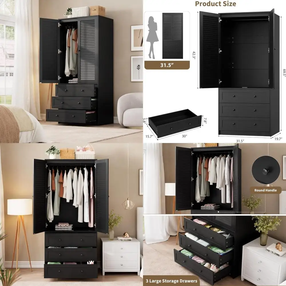 Armadio moderno in legno con 3 cassetti, 2 ante, per appendere abiti, armadio alto da terra