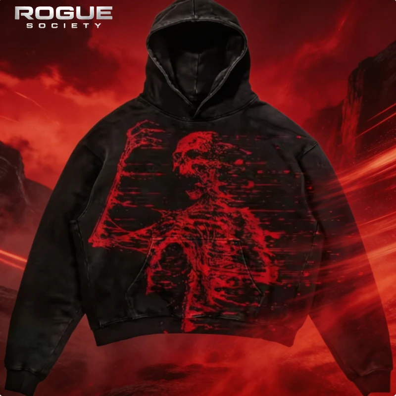 

Summer Grunge Gothic Skeleton Print Hoodie Unisex Distorted Design Harajuku Y2K Streetwear Red Pullover Casual Men Sweatshirt