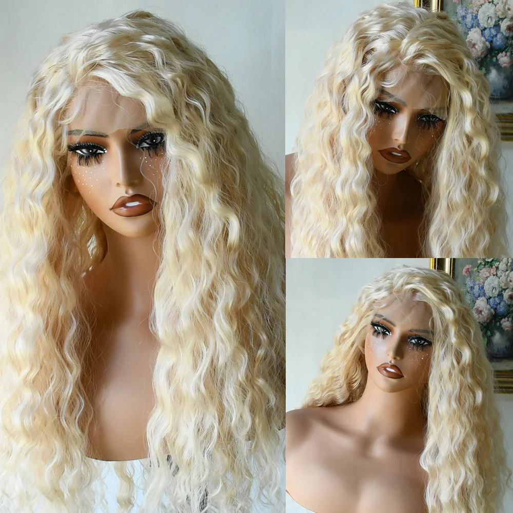

28inch Long Curly Lace Front Wigs 613 Blonde Deep Wave Synthetic Wigs for Women Natural Crimps Curly Heat Resistant Fiber Hair